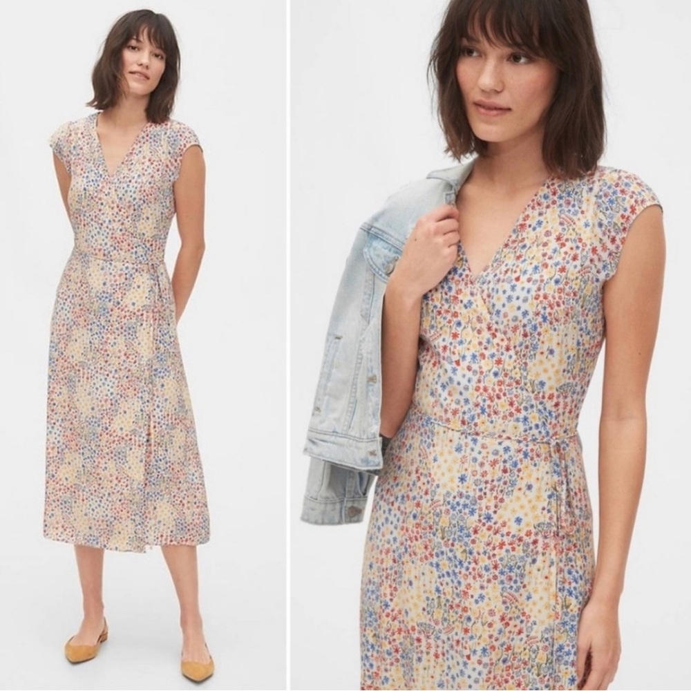 New Gap Side Button Tie Waist Cap Sleeve Ditsy Floral Midi Wrap Dress
